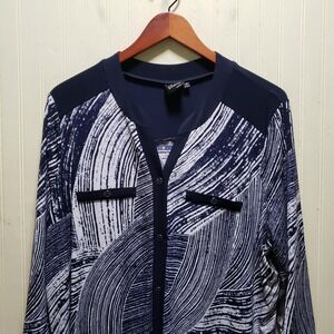 Elie McCarthy Blouse Womens Plus 2X Blue Henley 3/4 Sleeve Geometric Tunic